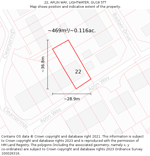 22, APLIN WAY, LIGHTWATER, GU18 5TT: Plot and title map