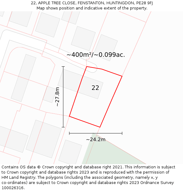 22, APPLE TREE CLOSE, FENSTANTON, HUNTINGDON, PE28 9FJ: Plot and title map