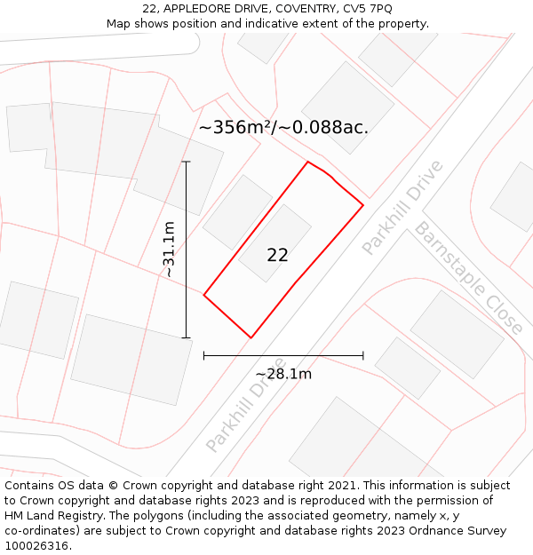 22, APPLEDORE DRIVE, COVENTRY, CV5 7PQ: Plot and title map