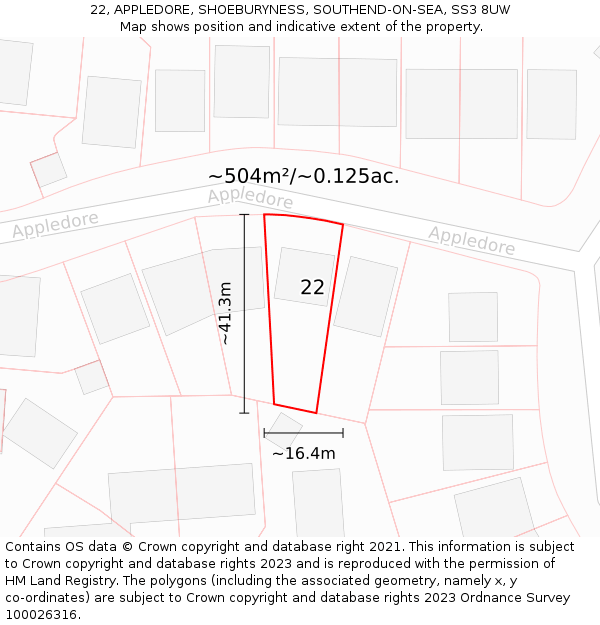 22, APPLEDORE, SHOEBURYNESS, SOUTHEND-ON-SEA, SS3 8UW: Plot and title map