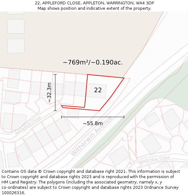 22, APPLEFORD CLOSE, APPLETON, WARRINGTON, WA4 3DP: Plot and title map