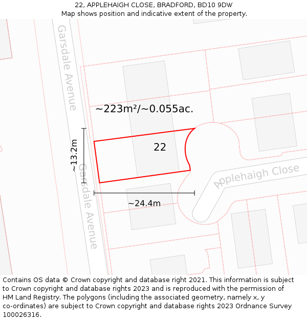 22, APPLEHAIGH CLOSE, BRADFORD, BD10 9DW: Plot and title map