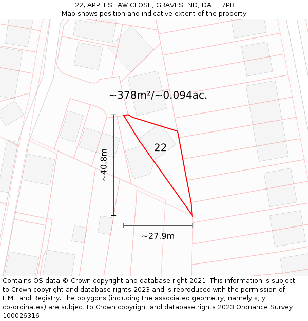 22, APPLESHAW CLOSE, GRAVESEND, DA11 7PB: Plot and title map