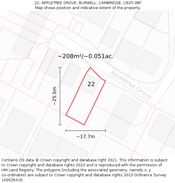 22, APPLETREE GROVE, BURWELL, CAMBRIDGE, CB25 0BF: Plot and title map