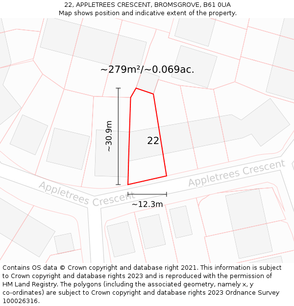 22, APPLETREES CRESCENT, BROMSGROVE, B61 0UA: Plot and title map