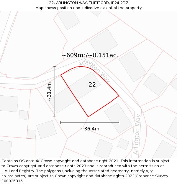 22, ARLINGTON WAY, THETFORD, IP24 2DZ: Plot and title map