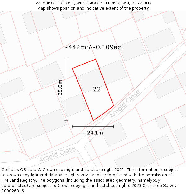 22, ARNOLD CLOSE, WEST MOORS, FERNDOWN, BH22 0LD: Plot and title map
