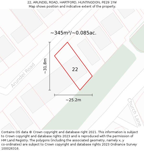 22, ARUNDEL ROAD, HARTFORD, HUNTINGDON, PE29 1YW: Plot and title map