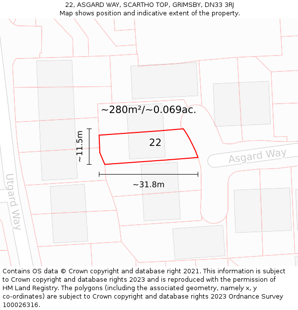 22, ASGARD WAY, SCARTHO TOP, GRIMSBY, DN33 3RJ: Plot and title map