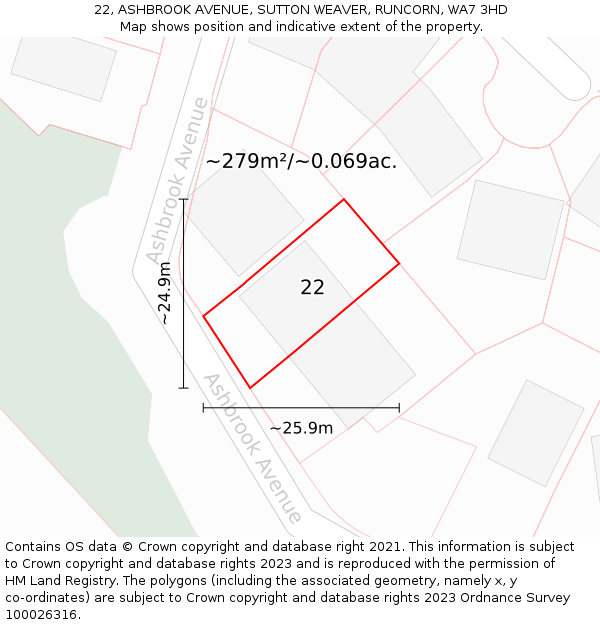 22, ASHBROOK AVENUE, SUTTON WEAVER, RUNCORN, WA7 3HD: Plot and title map