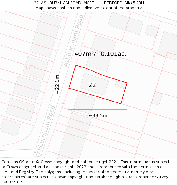22, ASHBURNHAM ROAD, AMPTHILL, BEDFORD, MK45 2RH: Plot and title map