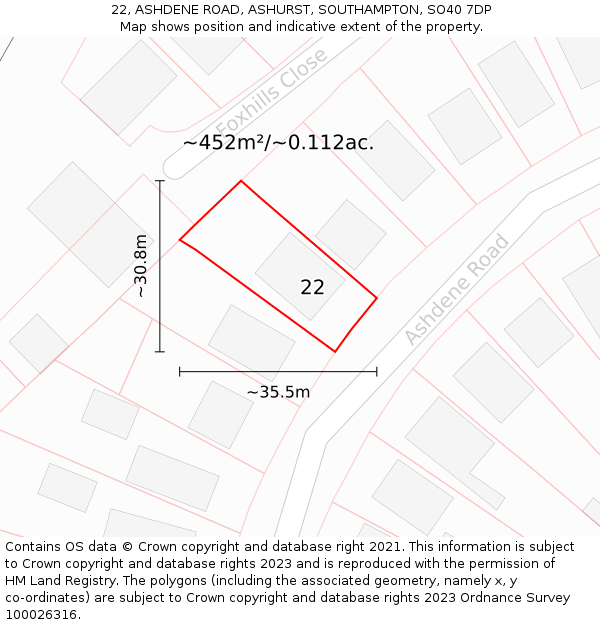 22, ASHDENE ROAD, ASHURST, SOUTHAMPTON, SO40 7DP: Plot and title map