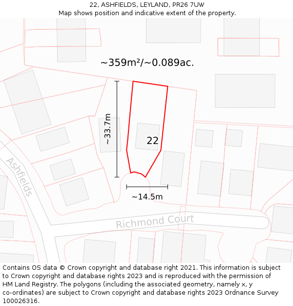 22, ASHFIELDS, LEYLAND, PR26 7UW: Plot and title map