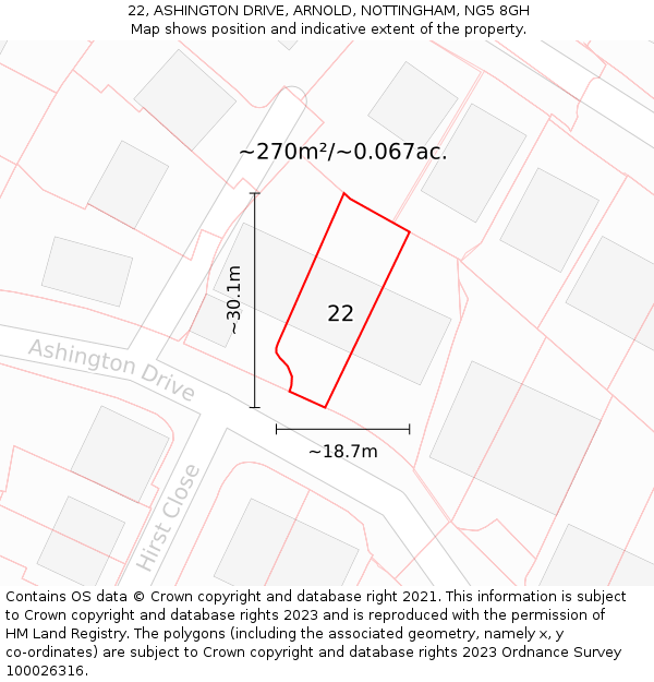 22, ASHINGTON DRIVE, ARNOLD, NOTTINGHAM, NG5 8GH: Plot and title map