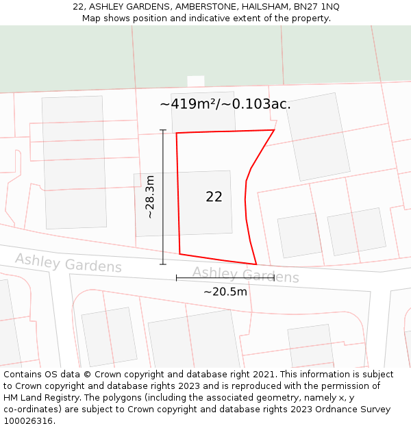 22, ASHLEY GARDENS, AMBERSTONE, HAILSHAM, BN27 1NQ: Plot and title map