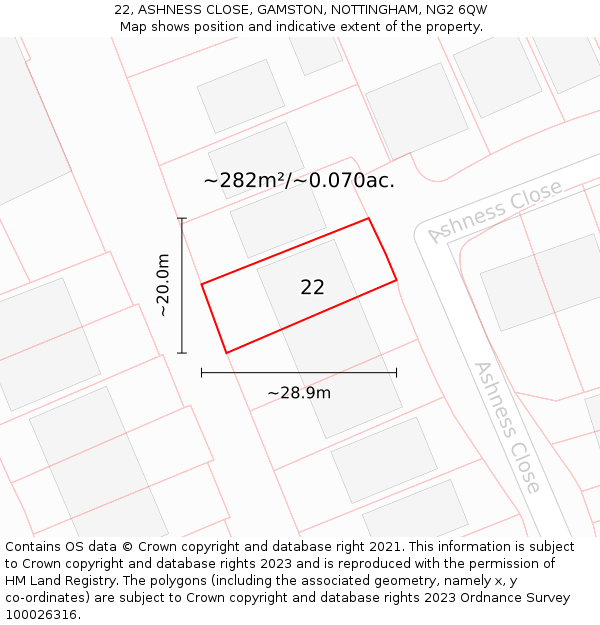 22, ASHNESS CLOSE, GAMSTON, NOTTINGHAM, NG2 6QW: Plot and title map