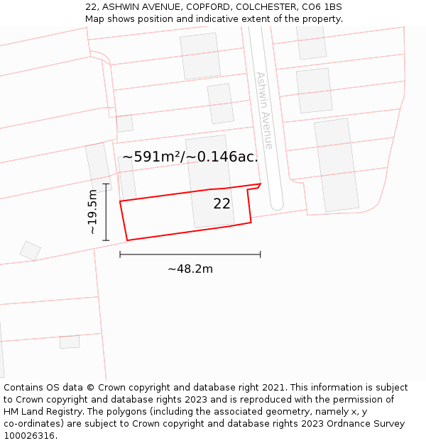 22, ASHWIN AVENUE, COPFORD, COLCHESTER, CO6 1BS: Plot and title map