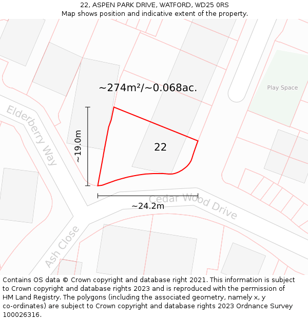 22, ASPEN PARK DRIVE, WATFORD, WD25 0RS: Plot and title map