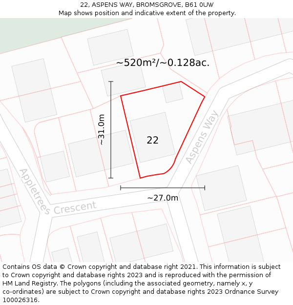 22, ASPENS WAY, BROMSGROVE, B61 0UW: Plot and title map