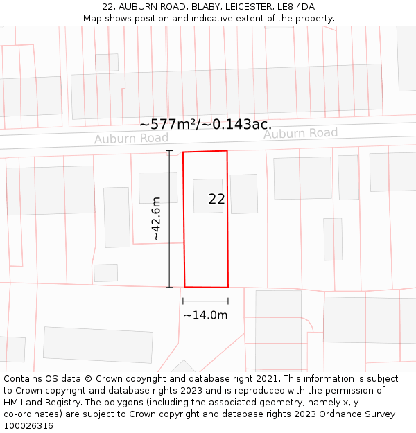 22, AUBURN ROAD, BLABY, LEICESTER, LE8 4DA: Plot and title map