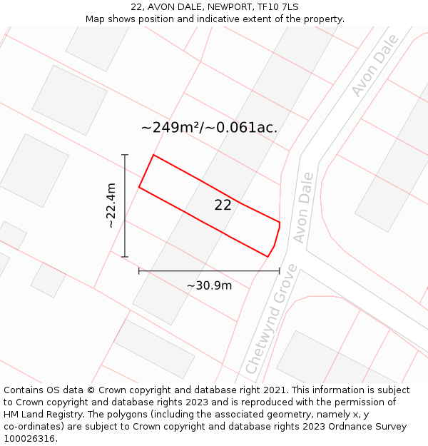 22, AVON DALE, NEWPORT, TF10 7LS: Plot and title map