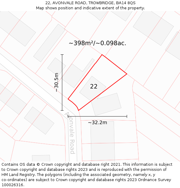 22, AVONVALE ROAD, TROWBRIDGE, BA14 8QS: Plot and title map