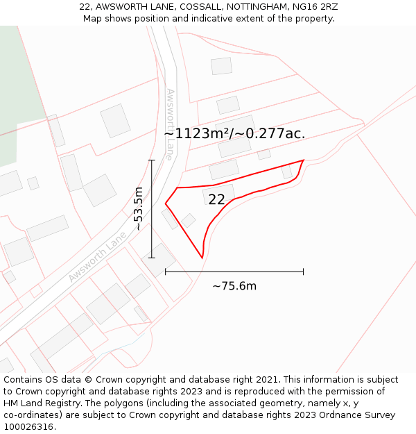 22, AWSWORTH LANE, COSSALL, NOTTINGHAM, NG16 2RZ: Plot and title map