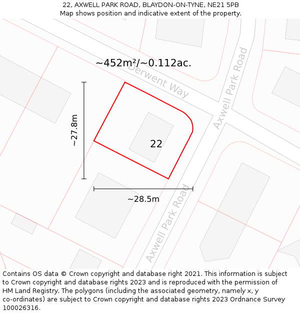 22, AXWELL PARK ROAD, BLAYDON-ON-TYNE, NE21 5PB: Plot and title map