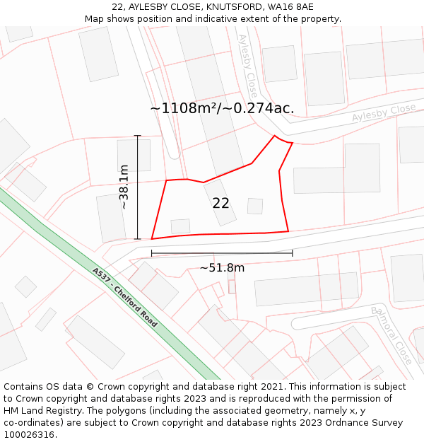 22, AYLESBY CLOSE, KNUTSFORD, WA16 8AE: Plot and title map
