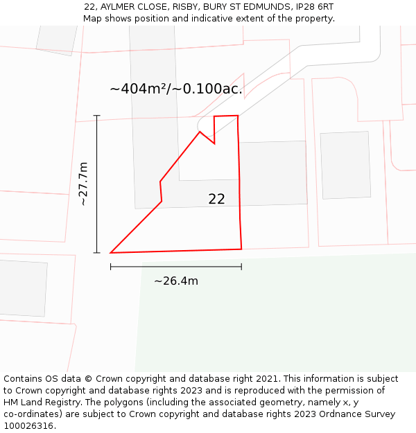 22, AYLMER CLOSE, RISBY, BURY ST EDMUNDS, IP28 6RT: Plot and title map