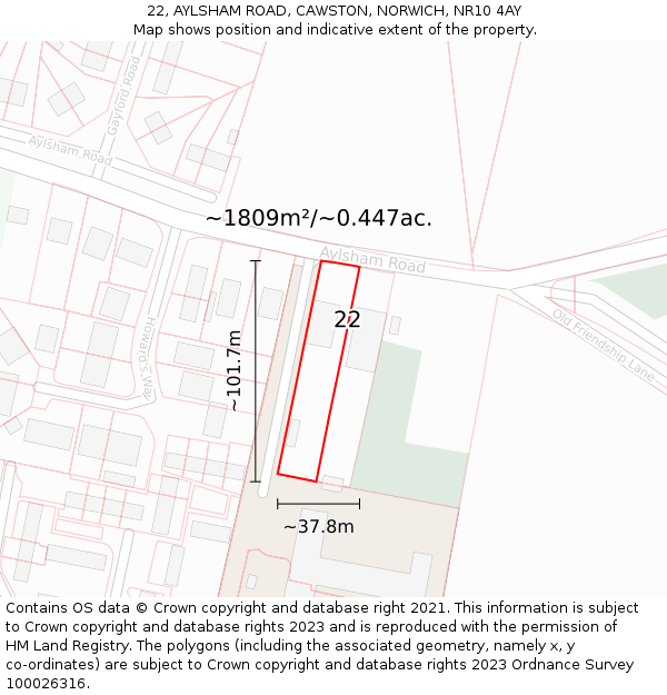 22, AYLSHAM ROAD, CAWSTON, NORWICH, NR10 4AY: Plot and title map