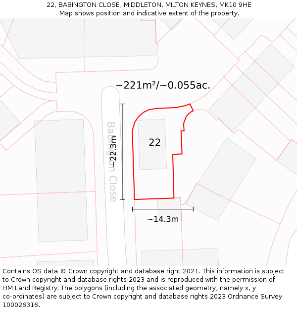 22, BABINGTON CLOSE, MIDDLETON, MILTON KEYNES, MK10 9HE: Plot and title map