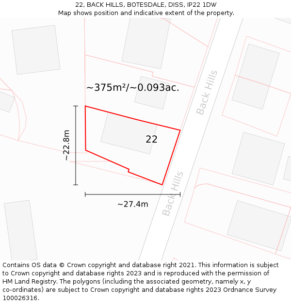 22, BACK HILLS, BOTESDALE, DISS, IP22 1DW: Plot and title map