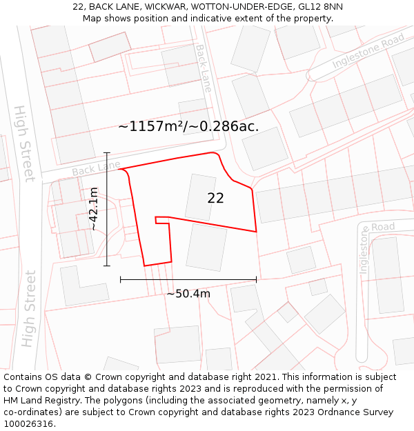 22, BACK LANE, WICKWAR, WOTTON-UNDER-EDGE, GL12 8NN: Plot and title map