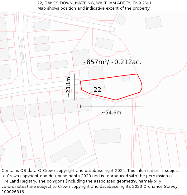 22, BANES DOWN, NAZEING, WALTHAM ABBEY, EN9 2NU: Plot and title map