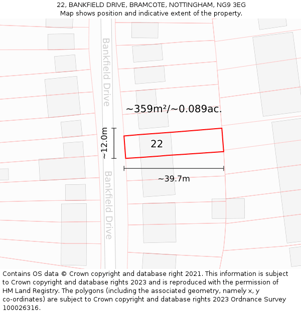 22, BANKFIELD DRIVE, BRAMCOTE, NOTTINGHAM, NG9 3EG: Plot and title map