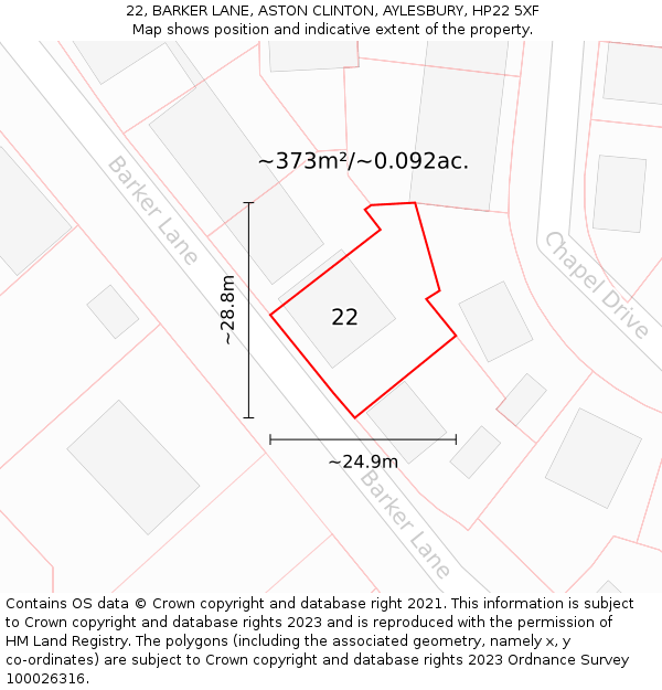 22, BARKER LANE, ASTON CLINTON, AYLESBURY, HP22 5XF: Plot and title map