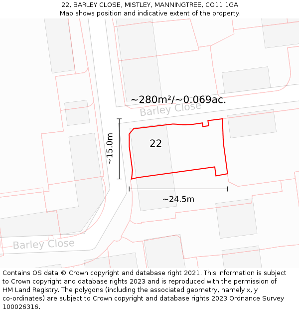 22, BARLEY CLOSE, MISTLEY, MANNINGTREE, CO11 1GA: Plot and title map