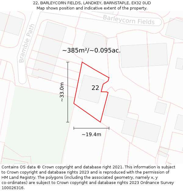 22, BARLEYCORN FIELDS, LANDKEY, BARNSTAPLE, EX32 0UD: Plot and title map