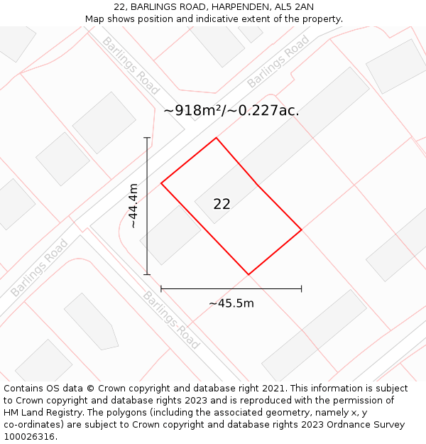 22, BARLINGS ROAD, HARPENDEN, AL5 2AN: Plot and title map