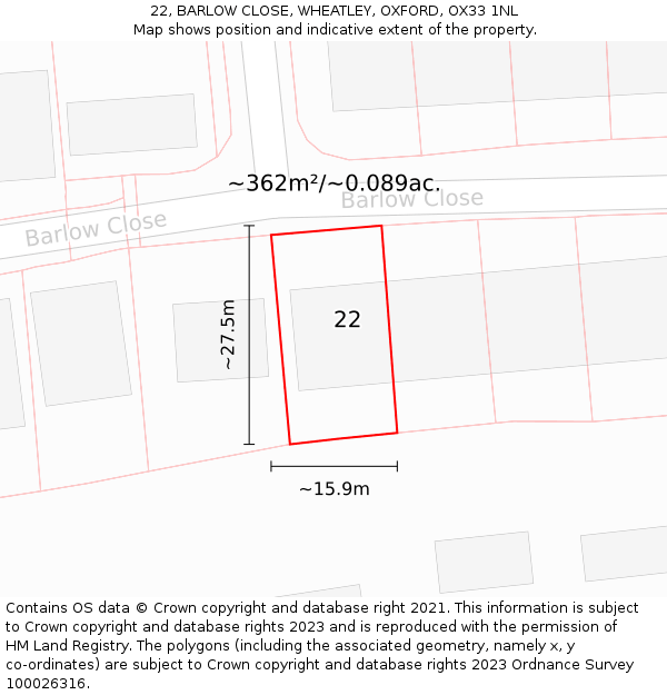 22, BARLOW CLOSE, WHEATLEY, OXFORD, OX33 1NL: Plot and title map