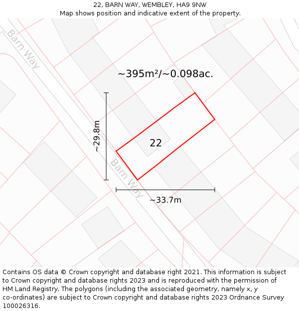 22, BARN WAY, WEMBLEY, HA9 9NW: Plot and title map