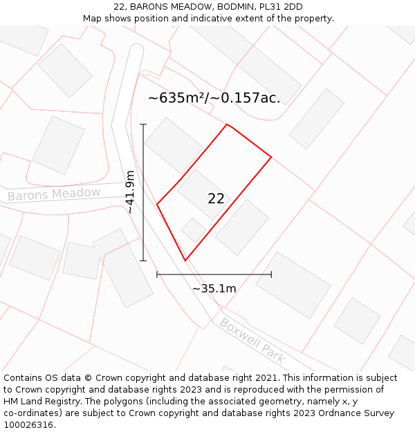 22, BARONS MEADOW, BODMIN, PL31 2DD: Plot and title map