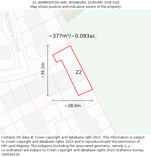 22, BARRINGTON WAY, BOWBURN, DURHAM, DH6 5QD: Plot and title map