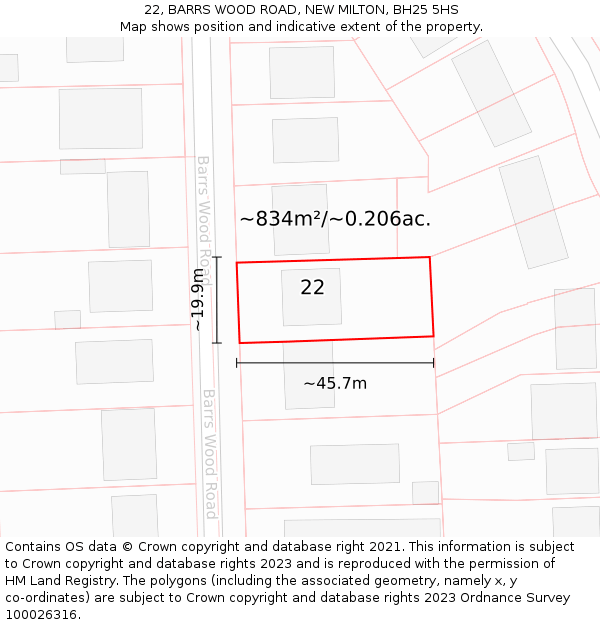 22, BARRS WOOD ROAD, NEW MILTON, BH25 5HS: Plot and title map