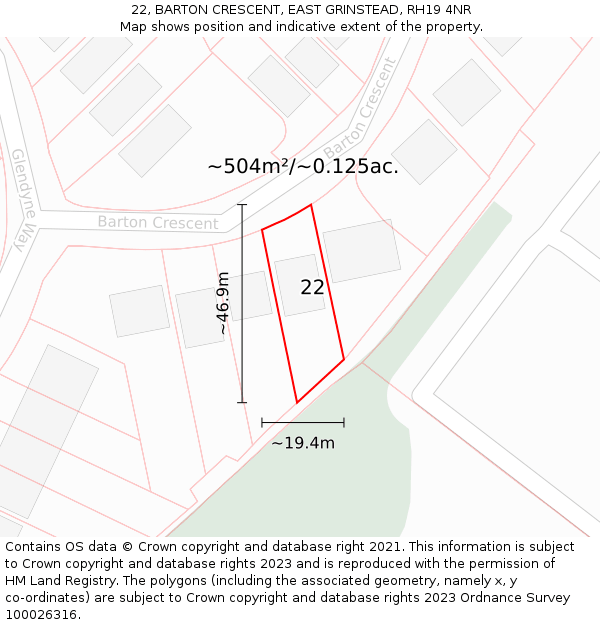 22, BARTON CRESCENT, EAST GRINSTEAD, RH19 4NR: Plot and title map