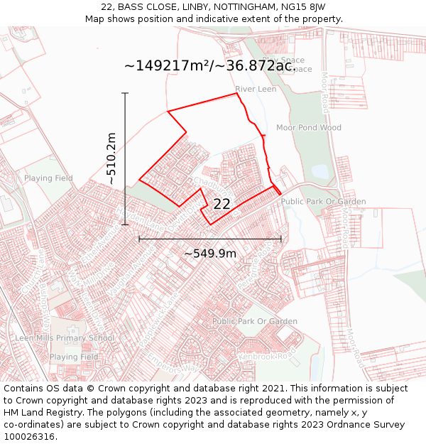 22, BASS CLOSE, LINBY, NOTTINGHAM, NG15 8JW: Plot and title map