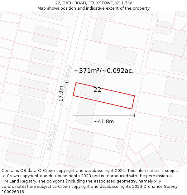 22, BATH ROAD, FELIXSTOWE, IP11 7JW: Plot and title map