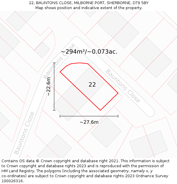 22, BAUNTONS CLOSE, MILBORNE PORT, SHERBORNE, DT9 5BY: Plot and title map