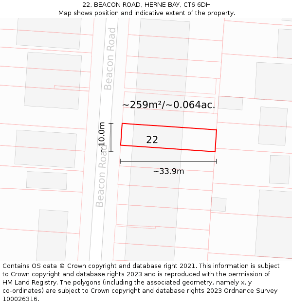 22, BEACON ROAD, HERNE BAY, CT6 6DH: Plot and title map